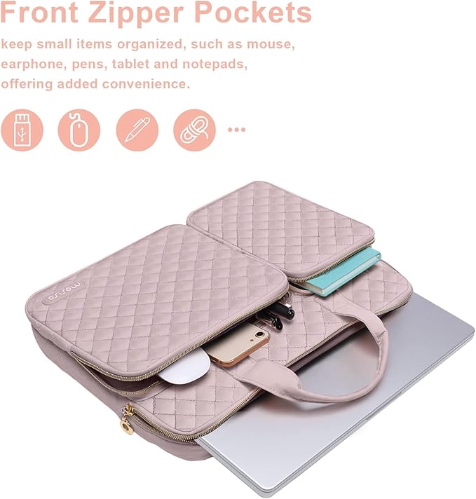 MOSISO 360 Protective Laptop Case 13.3 inch, 13-13.3 inch Laptop Sleeve Compatible with MacBook Air/Pro 13/Pro 14,HP Dell ASUS Lenovo, Square Quilted Bag Cover with 2 Pockets&Handle&Belt, Pink