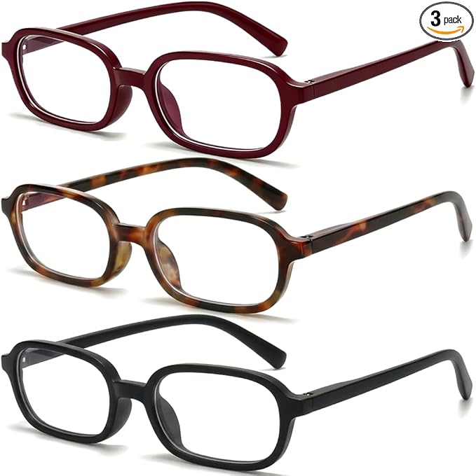 3 Pack Rectangle Blue Light Glasses for Women, Lightweight TR90 Small Frame with Spring Hinge for All-Day Comfort, Anti UV Glare & Eyestrain