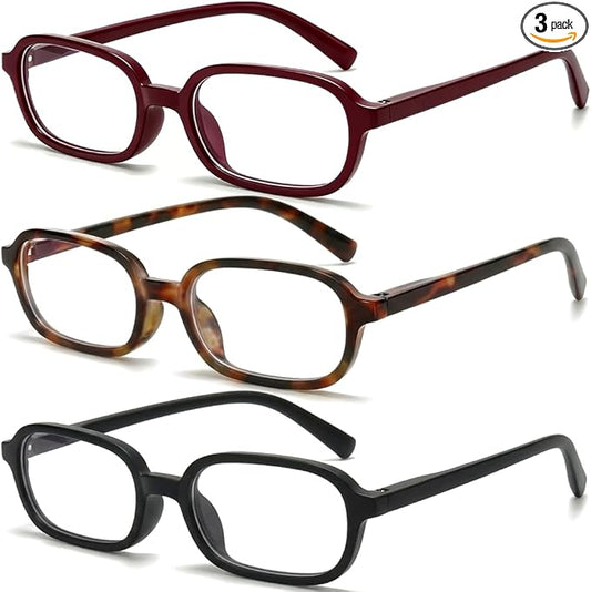 3 Pack Rectangle Blue Light Glasses for Women, Lightweight TR90 Small Frame with Spring Hinge for All-Day Comfort, Anti UV Glare & Eyestrain