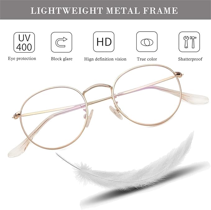 HJSTES Round Blue Light Glasses for Women Men Retro Circle Clear Lens Metal Frame Eyeglasses