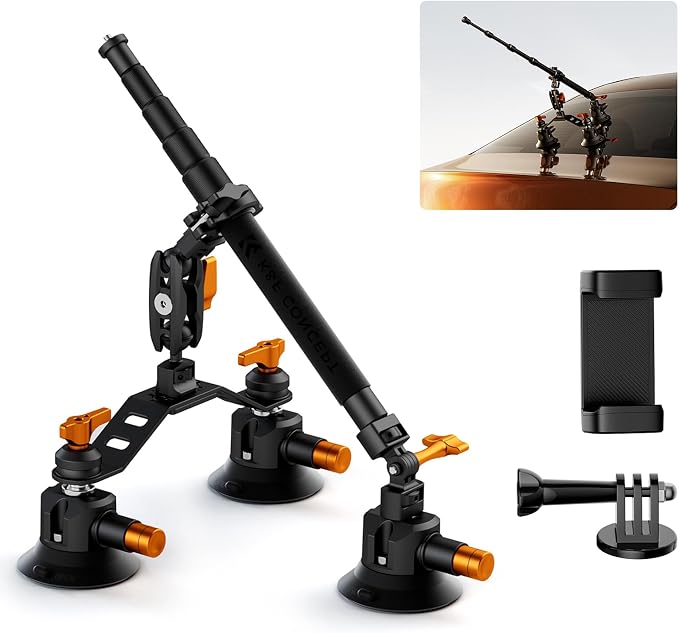 K&F CONCEPT Triple Suction Cup Car Mount for Camera, Heavy Duty 3-in-1 Kit with 15° Curved Surface Adjustment, Extension Pole & Phone Holder, Compatible with Insta360 X5/X4 GoPro DJI Action 5/4/3/2 by KFCONCEPT