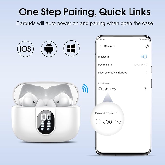 Wireless Earbuds, 2025 Bluetooth Headphones 5.3 HiFi Stereo Earphones, 40H Playtime in-Ear Earbud, Bluetooth Earbud with LED Power Display, IP7 Waterproof Earphones Sport Headset for Android iOS