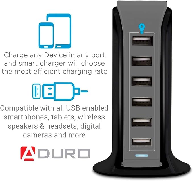 Aduro 40W 6-Port USB Desktop Charging Station Hub Wall Charger for iPhone iPad Tablets Smartphones with Smart Flow (Black/Grey)