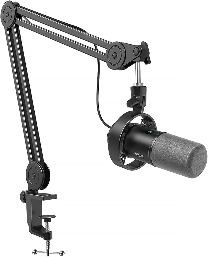 FIFINE Dynamic Podcast Microphone Set with Boom Arm Stand, Studio XLR/USB Microphone for Recording Vocal Streaming, Metal Mic with Mute Tap, Headphone Jack, Heavy Duty Boom Arm-K688T