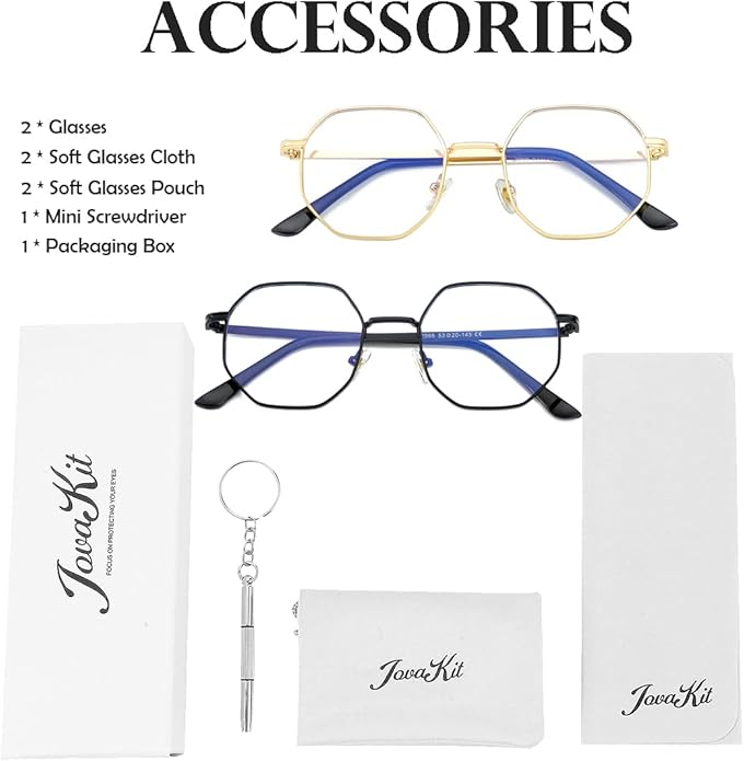 JOVAKIT Polygon Blue Light Blocking Glasses for Women Men Vintage Octagon Square Non-prescription Metal Eyeglasses