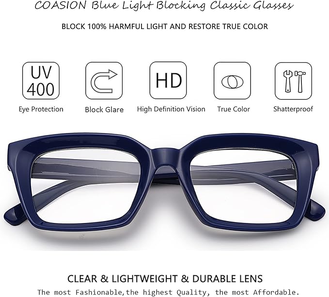 COASION Blue Light Blocking Eyeglasses Classic Thick Square Rim Frame Eyewear for Women Men