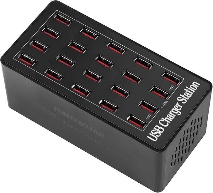100W 20Port USB Charging Station, Multi USB Charger for Multiple Devices (Black, 1 Pack)