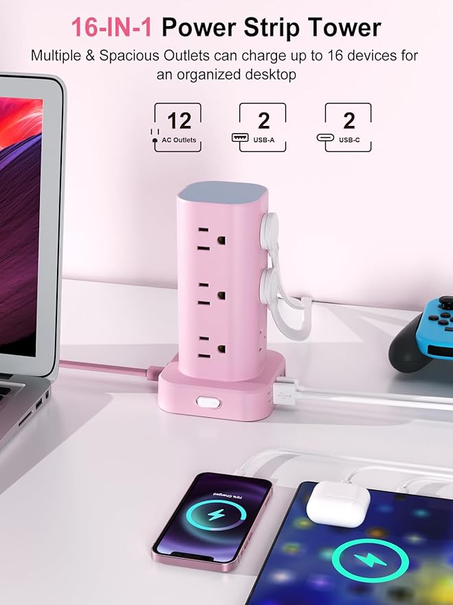 Power Strip Tower with Multiple Outlets, Flat Plug Surge Protector Tower Extension Cord with 12 AC Outlets 4 USB Ports (2 USB C), 6FT Cord Power Tower Surge Protector for Home Office Dorm Room, Pink