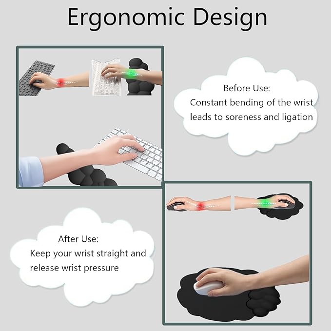 Cloud Wrist Rest Keyboard Ergonomic Wrist Pad for Keyboard and Mouse Coaster Cloud Mouse Pad Set Leather PU Non-Slip Wrist Rest Support for Computer Laptop Gaming Mac Home Office Relief Pain Black