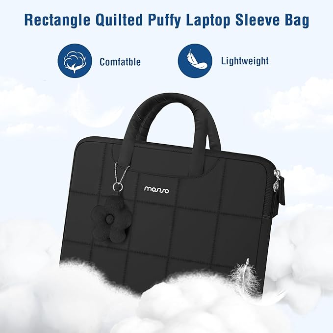 MOSISO Laptop Case 16 inch, 15-15.6 inch Puffy Laptop Sleeve Compatible with MacBook Pro 16 M5 M4 M3 M2 M1,HP Acer Dell Lenovo Notebook,Rectangle Quilted Bag with Handle&Flower Pendant, Black