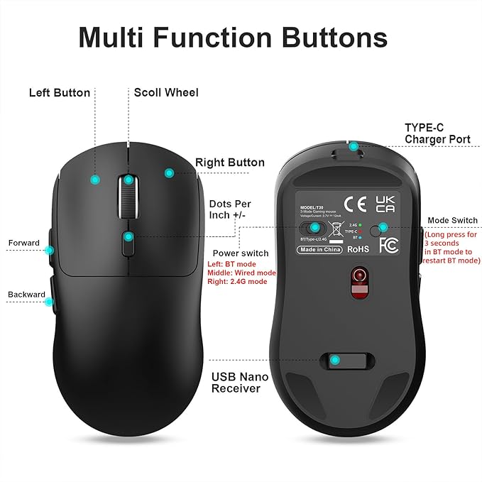 GOWENIC Wireless Gaming Mouse, 6400 DPI 3-Mode Gaming Mouse, 2.4G Wired 6 Keys Ergonomic Design for Desktop Laptop (T30 Black)