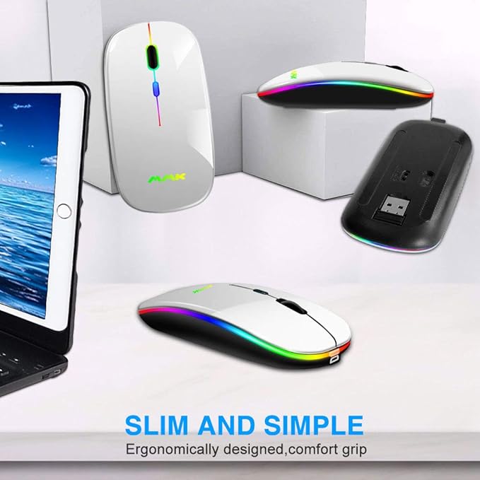 Wireless Bluetooth Mouse for Laptop, Rechargeable Mouse 2.4G USB Optical Wireless Mouse, LED Slim Dual Mode(Bluetooth 5.0 and 2.4G) Wireless for Laptop, PC, Mac OS, Android, Windows(Silver)