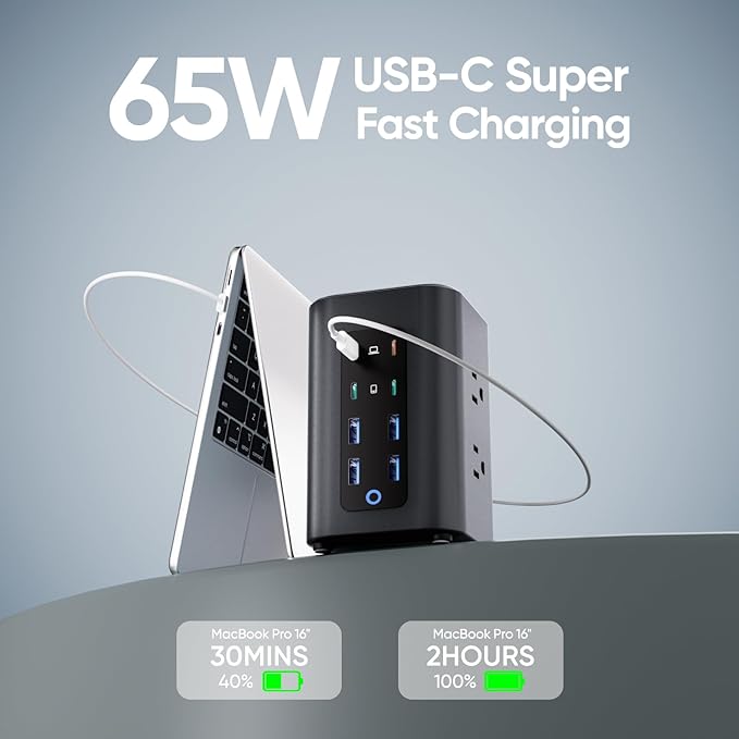Power Strip Tower (230W), 14-in-1 USB-C Charging Station Tower with 2000J Surge Protection, 5FT Extension Cord with 6 AC Outlets & 8 USB Ports for Home Office Dorm Essentials