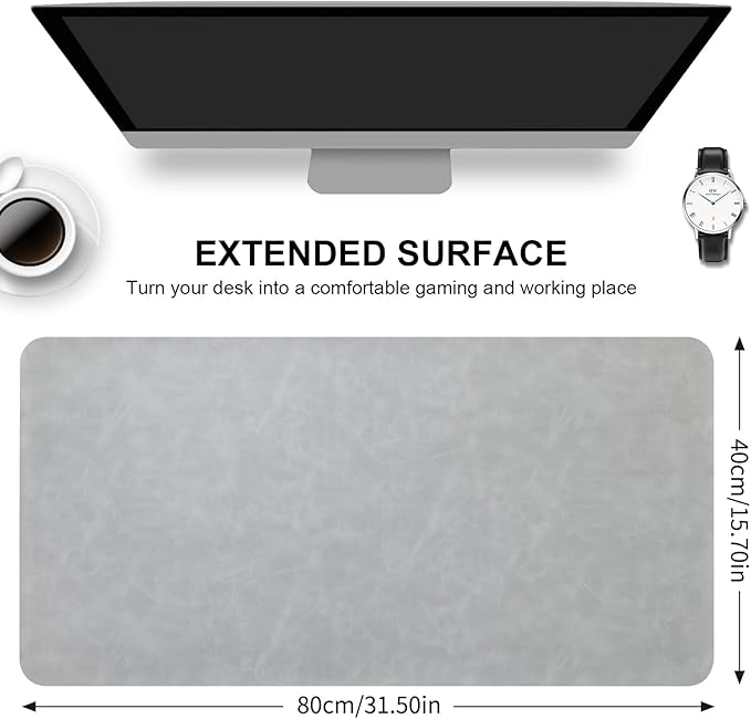 Desk Pad Soft PU Leather Large Mouse Pad Laptop Computer Desk Mat Table Blotter Flat Smooth Waterproof Non-Slip Desktop Protector Writing Pad for Office and Home (Light Grey, 80x40cm)