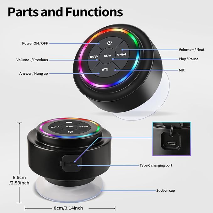 Bluetooth Shower Speaker, Portable Bluetooth Speakers with Suction Cup, IP67 Waterproof Speaker with LED Light, Wireless, Floating, for Camping Beach Travel, Gift for Men, Women