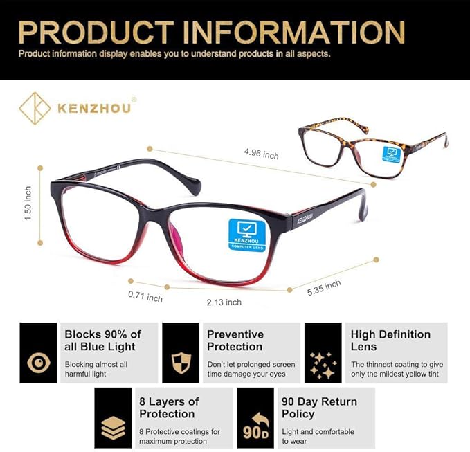 K KENZHOU Blue Light Glasses for Woman Men Bluelight Blocking Glasses for Computer Gaming Phones,Anti Eye Strain & UV Glare
