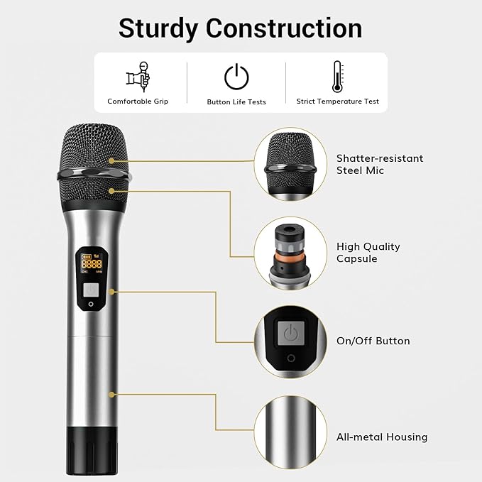 TONOR Wireless Microphones System, 4x5 Channel UHF Wireless Mic, 4 Handheld Adjustable Frequency Metal Cordless Dynamic Mic, Multiset Operation, 90 m Ideal for Karaoke Singing Wedding Church, Silver