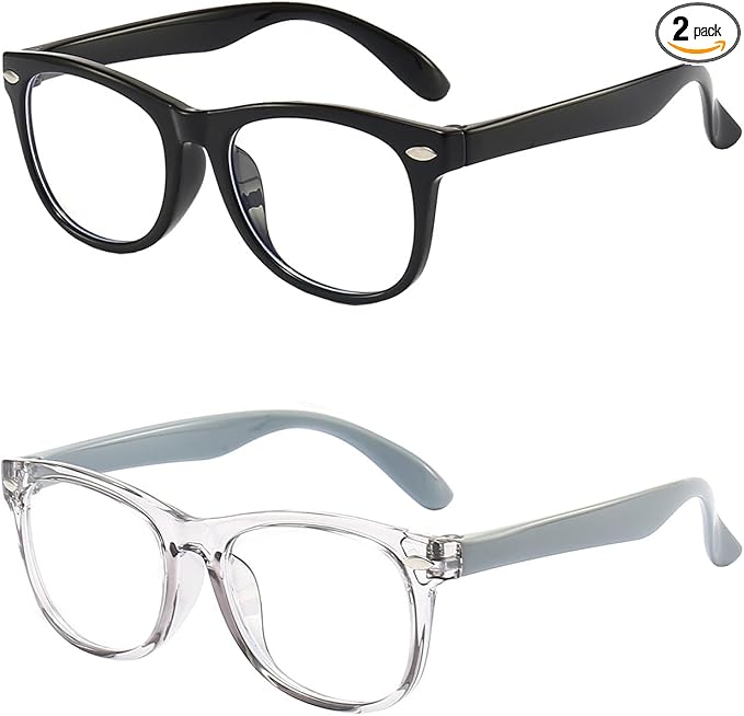 FANNYGO 2 Pack kids Blue Light Blocking Glasses For Girls And Boys Computer Blue Light Blocking Glasses For Age 3-11 (Black + Light gray)