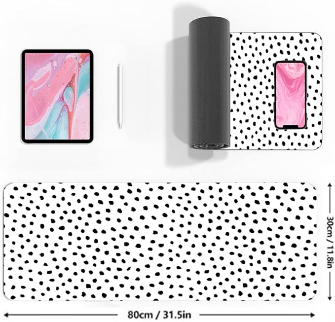 Polka Dot White Large Desk Mat Desk Pad,Extended Large Mouse Pad Cute Mouse Pads For Desk Accessories,31.5 x 11.8Inch Long Computer Keyboard MousePad Mouse Mat with 3mm Non-Slip Base and Stitched Edge
