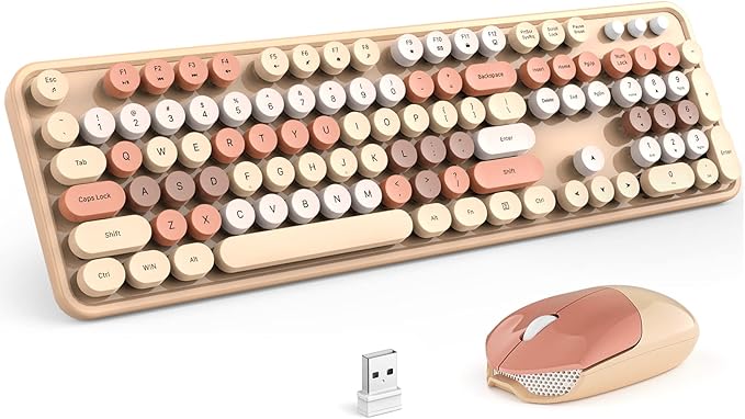 Wireless Keyboard and Mouse, 2.4Ghz USB Retro Full Size Typewriter Keyboard and Sport Car Mouse Combo for Mac, Windows 7/8/10, Laptop, Desktop, PC, Computer (Milk Tea Colorful)