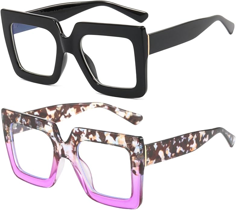 Onrtry Oversized Square Blue Light Glasses for Women Men Thick Frame Big Computer Eyewear Non-Prescription Eyeglasses