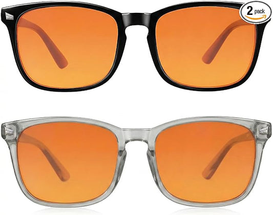 2 Packs Professional Sleep Glasses with 98.7% Blue Light Blocking Dual AR Coatings Amber Lens, Computer Gaming Glasses for Men Women, Anti Fatigue & Eye Strain