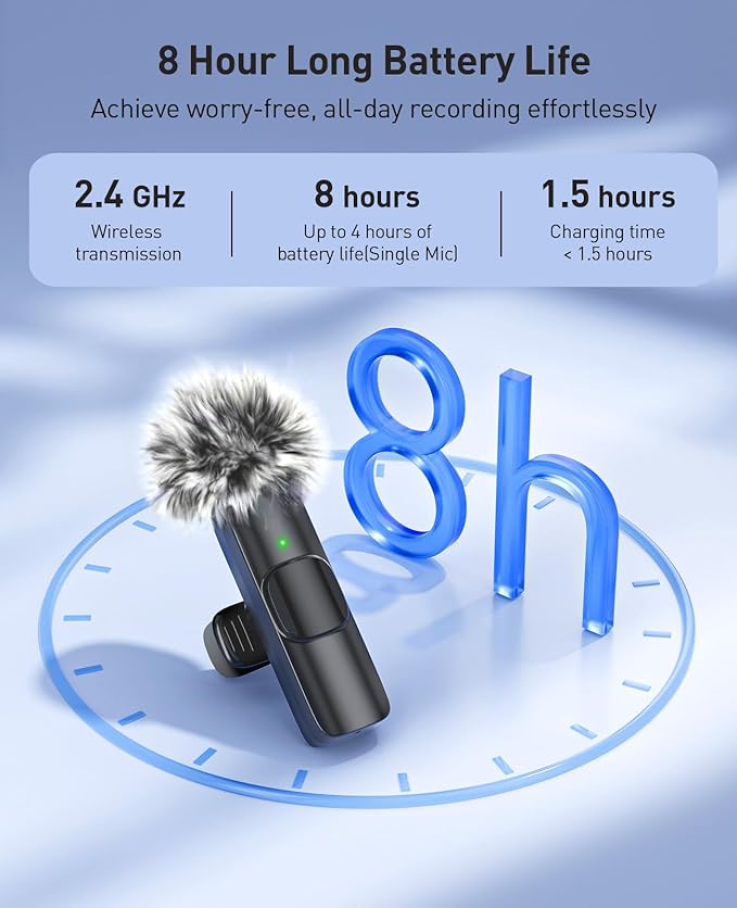 3-in-1 Mini Microphone for iPhone: Wireless Lavalier Microphone with 80ft Range & 15H Battery - Noise Reduction Lapel Mic, Real-Time Monitoring for Video Recording, Vlog, Bright Black