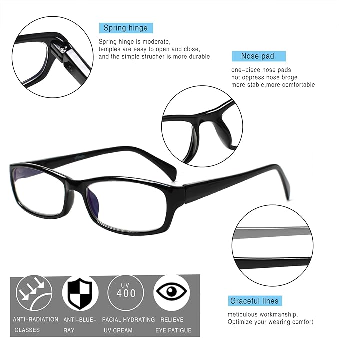 Henotin 6-Pack Reading Glasses Blue Light Blocking Anti Eyestrain Computer Reading Glasses for Women and Men Readers (Transparent White, 0.00, Diopters)