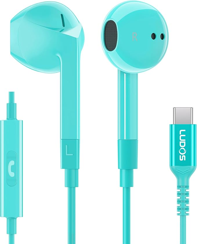 LUDOS FEROX USB C Headphones for iPhone 17 16 15 Pro Max Plus Air iPad Pro, 5 Years Warranty, USB-C Earbuds for Samsung Galaxy S24 S23 Ultra S22 S21 FE S20 Z Flip 3 Fold 4 A53, USB Type C Earphones