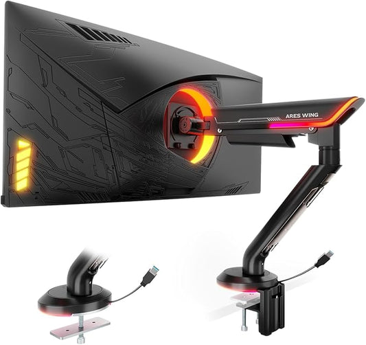 ARES WING Single Monitor Mount with RGB, Heavy-Duty Gaming Monitor Arm fits for 24"-57" Ultrawide Screen, Adjustable Computer Monitor Stand Holds Up to 60LBS with VESA Mount, Clamp & Grommet, Black