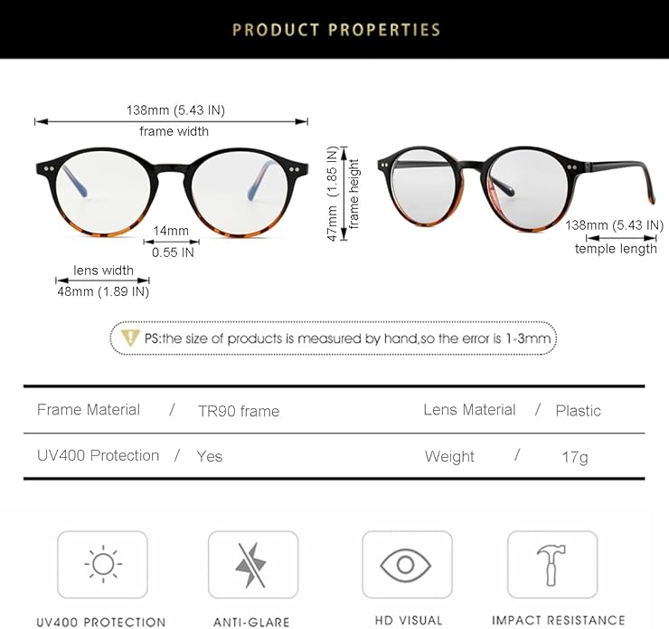 Gleyemor Blue Light Glasses for Men Women, Vintage Round Frame Computer Eyeglasses