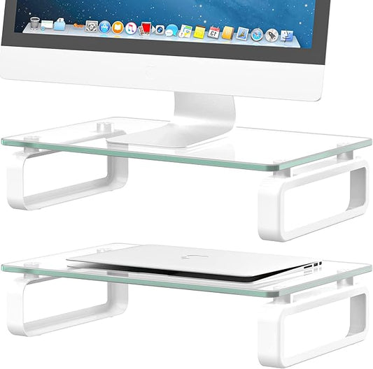 Hemudu 2 Pack Computer Monitor Stand Riser Multi Media Desktop Stand for Flat Screen LCD LED TV, Laptop/Notebook, with Tempered Glass and Metal Legs,HD02T-201