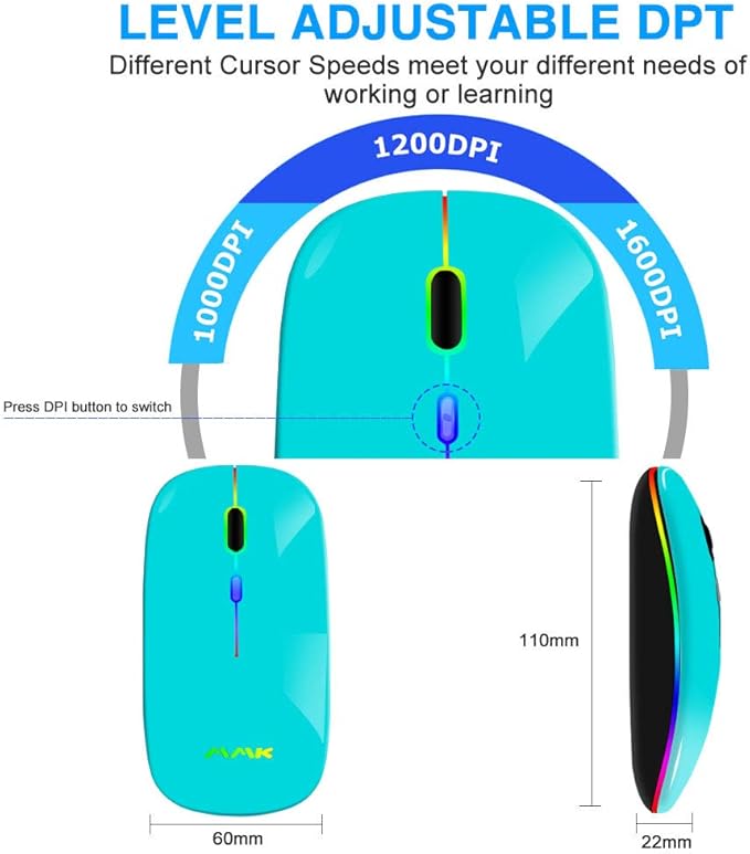 Wireless Bluetooth Mouse for Laptop, Rechargeable Mouse 2.4G USB Optical Wireless Mouse, LED Slim Dual Mode(Bluetooth 5.0 and 2.4G) Wireless for Laptop, PC, Mac OS, Android, Windows (Seafoam)