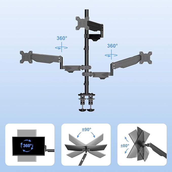 Pholiten Triple Monitor Mount, 3 Gas Spring Monitor Arms for Up to 32 inches Screens, Fully Adjustable Heavy Duty Triple Monitor Mount with Cable Management, Each Arm Holds 22 lbs