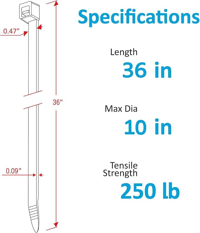 Large Zip Ties 36 inch (50 Pack), Long Zip Ties Heavy Duty with 250 lb Tensile Strength, Big Cable Ties, Black, by ANOSON - Image 2