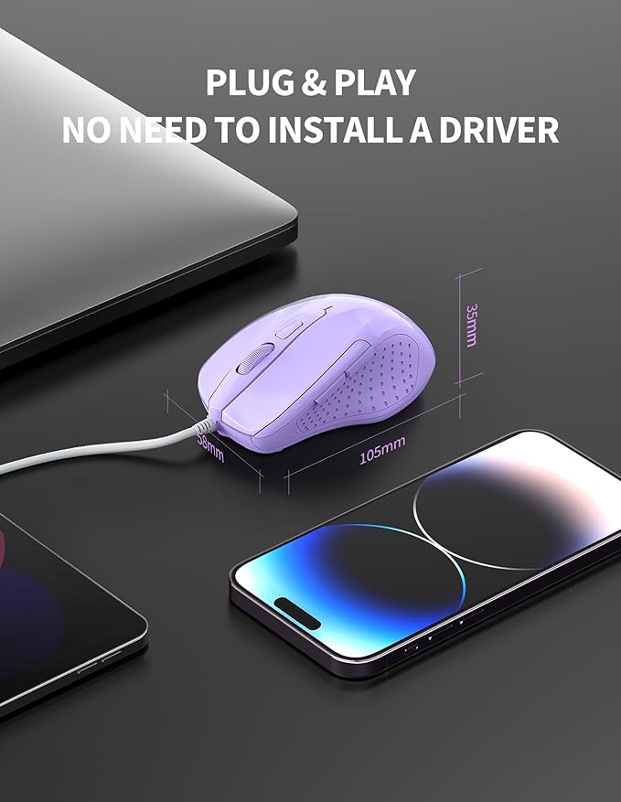 TECKNET Wired Mouse, 6-Button Corded with 4 Adjustable DPI, Optical Ergonomic Design, 5FT Cord for Laptop, Chromebook, PC, Desktop, Mac, Notebook - LT.Purple