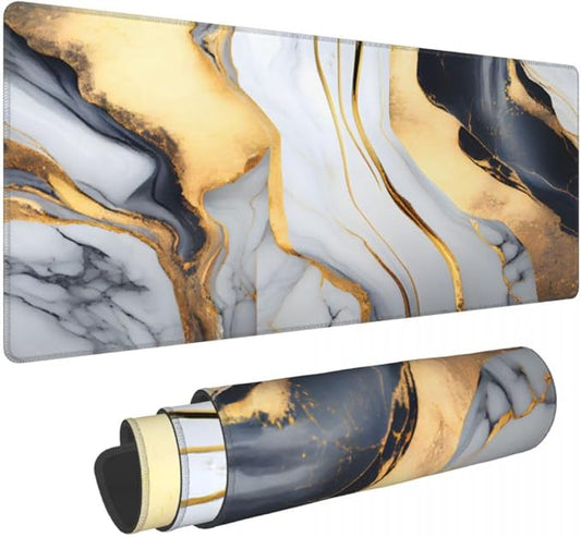 Desk Pad,Office Desk Mat 31.5"×11.8" Large Gaming Mouse Pad,Extended Computer Mouse Pad,Waterproof Thick Big Mouse Pads with Non-Slip Rubber Base Office Home Black White Gold Marble