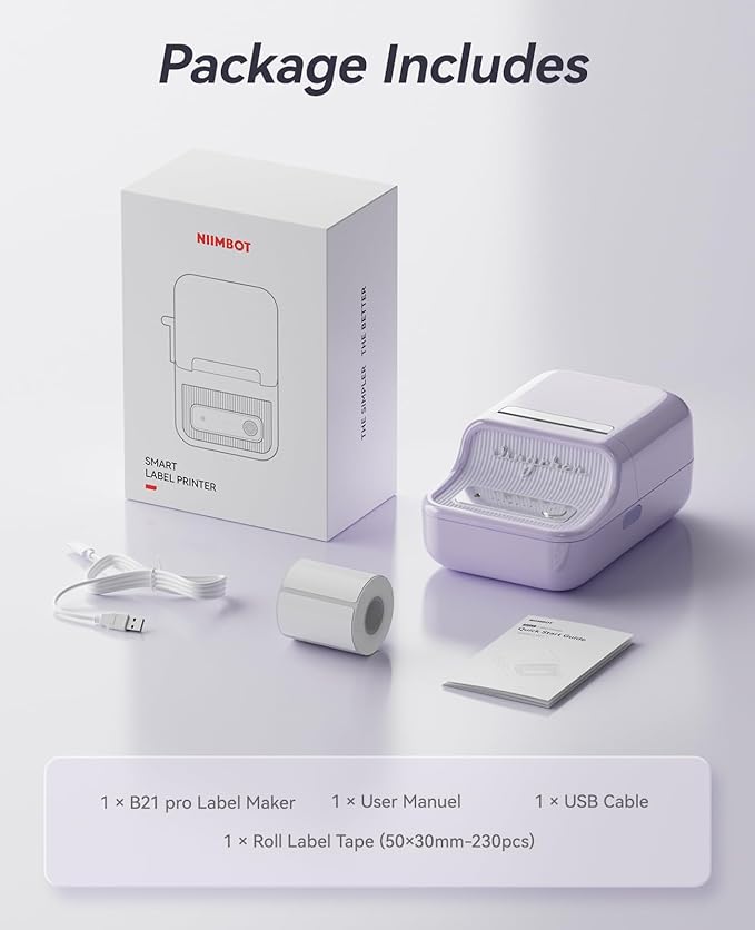 NIIMBOT B21 Pro Label Maker with Tapes, 300DPI HD Label Printer, Sticker Maker for Home Organization, Photo Print, Study Graphics, Scrapbook, Lavender Purple