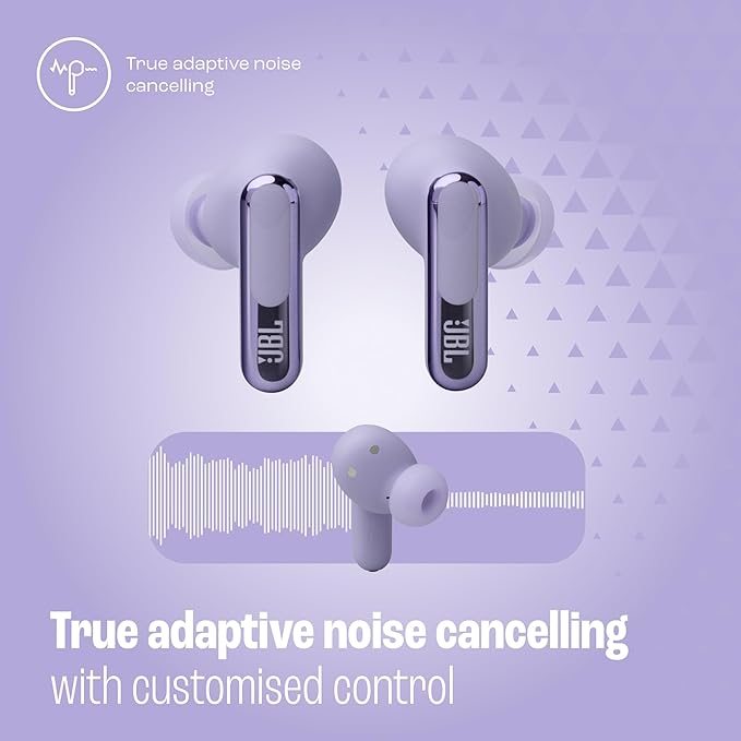JBL Live Beam 3 - True wireless noise-cancelling stick-closed earbuds, 48Hrs total playback, Wireless Charging, 6 Mics for perfect calls, Multi-point connection, IP55 waterproof and dustproof (Purple)