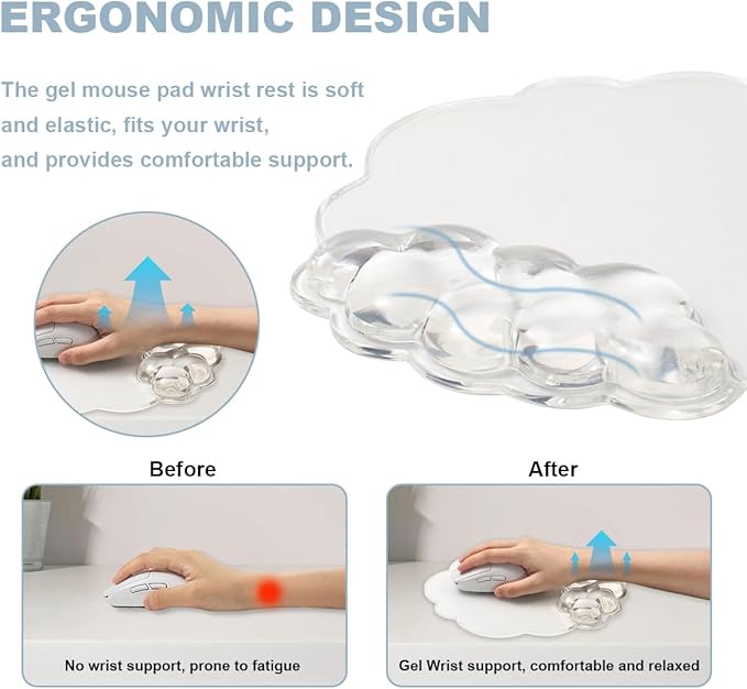 Clear Cloud Wrist Rest and Gel Mouse Pad for Keyboard and Mouse - 3 in 1 Ergonomic Gel Wrist Rest Support Set, Cute Office Accessories for Easy Typing/Computer/Latop/Home/Office