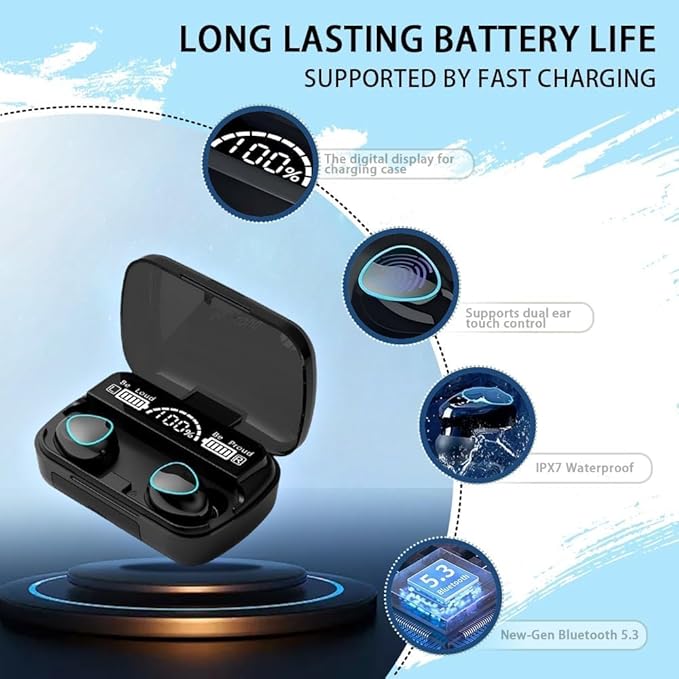 Wireless Earbuds, Bluetooth 5.3 Ear Buds LED Power Display Headphones 30H Playtime Stereo Earbuds with Comfort Lightweight in Ear Earphones for Workout/Running