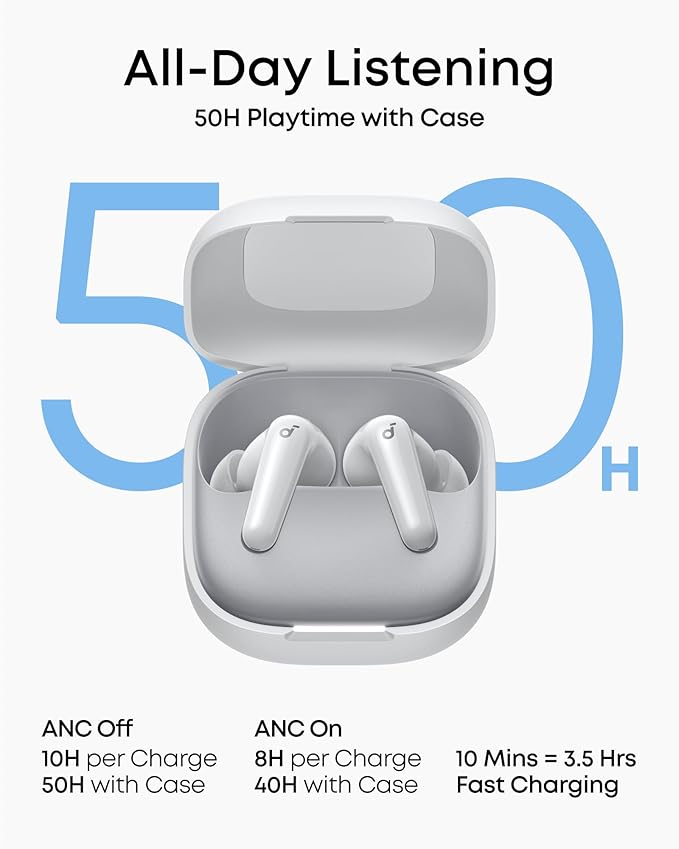 Soundcore P31i by Anker, Real-Time Adaptive Noise Cancelling, Hi-Res Sound, Translation Earbuds, 50H Playtime, Wireless Earbuds, Bluetooth Earphones, Spatial Audio, Fast Charging, IP55 (White)