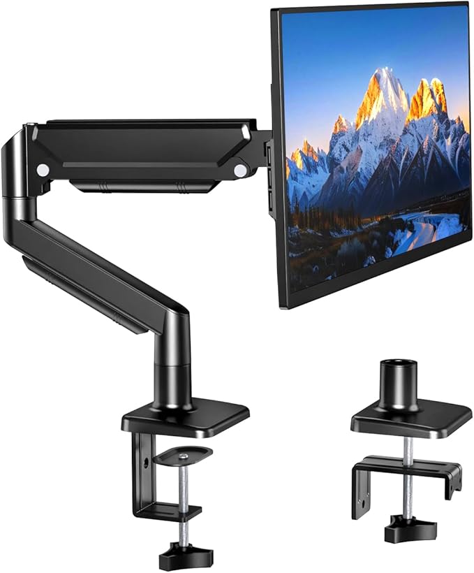 Single Monitor Stand for 13 to 32 inch Screens, Gas Spring Monitor Arm with Swivel, Tilt, Rotation, Height Adjustable, Desk Mount with C-Clamp and Grommet Base, Holds 4.4 to 19.8lbs Screen, Black