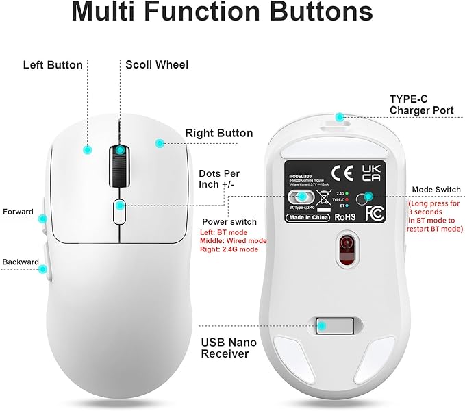 GOWENIC Wireless Gaming Mouse, 6400 DPI 3-Mode Gaming Mouse, 2.4G Wired 6 Keys Ergonomic Design for Desktop Laptop (T30 White)