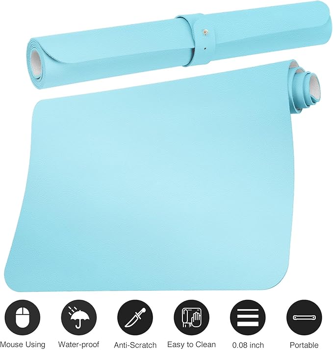 Boutilon Leather Desk Pad Protector,Non-Slip Mouse Pad,Laptop Desk Pad,Office Mouse Mat,Waterproof Leather Desk Blotter,Desk Writing Pad for Office and Home (L-Light Blue,35"x 17")
