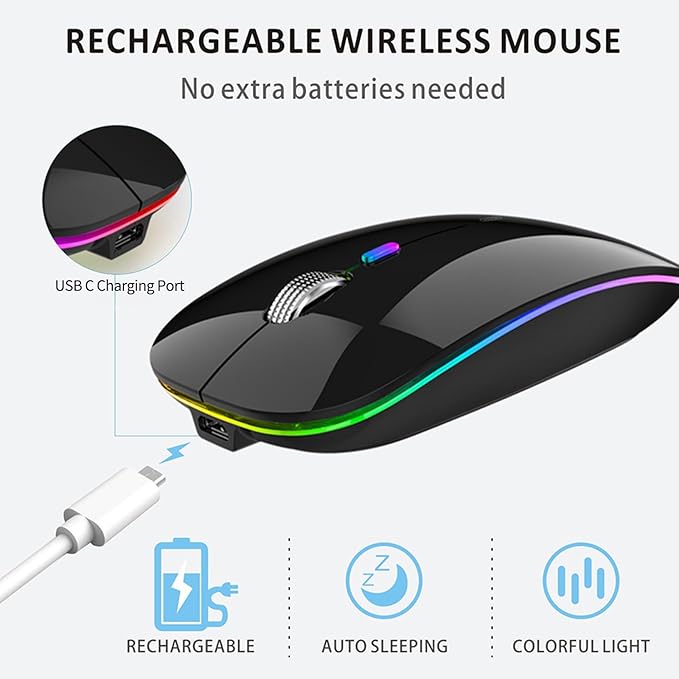 Uiosmuph LED Wireless Mouse, G12 Slim Rechargeable Silent Mouse, 2.4G Portable USB Optical Wireless Computer Mice with USB Receiver and Type C Adapter (Black)
