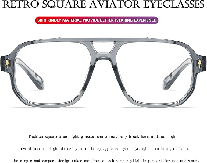 PORADAY Blue Light Blocking Glasses for Women Men 70s Retro Square Aviator Eyeglasses Rectangle Computer Eyewear