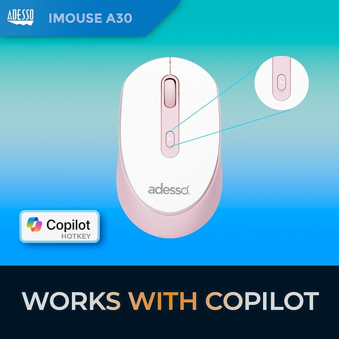 Adesso iMouse A30 Wireless Mouse with AI Copilot Button 2.4GHz USB Dongle 1200 DPI Left and Right Hand Design (Pink)