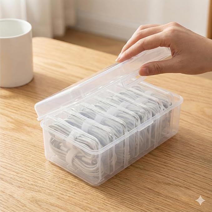 7 Case Portable Cable Storage Box with Handle and Label Stickers, Travel Cord Organizer for Charging Cables, USB Wires, Earphones – Drawer Organization for Home & Office