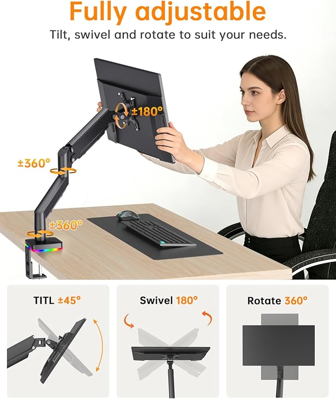 Afaloona RGB Single Monitor Stand, Gas Spring Monitor Arm with 3 USB Ports, Charging and USB Data Transfer Function, Desk Mount for 13"-32" Monitors up to 19.8lbs, Adjustable Height,Swivel,Rotate,Tilt